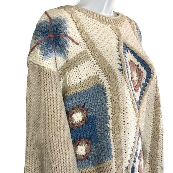 Vintage 90s Women’s Patchwork Fisherman Sweater Hand Knit M Boho Coastal Grandma - Picture 2 of 8